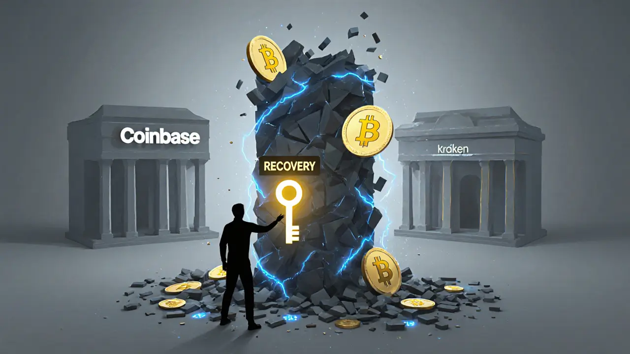 A user reaching for a recovery key as a tower of crypto coins collapses into a vortex, with legitimate exchanges standing firm in the distance.