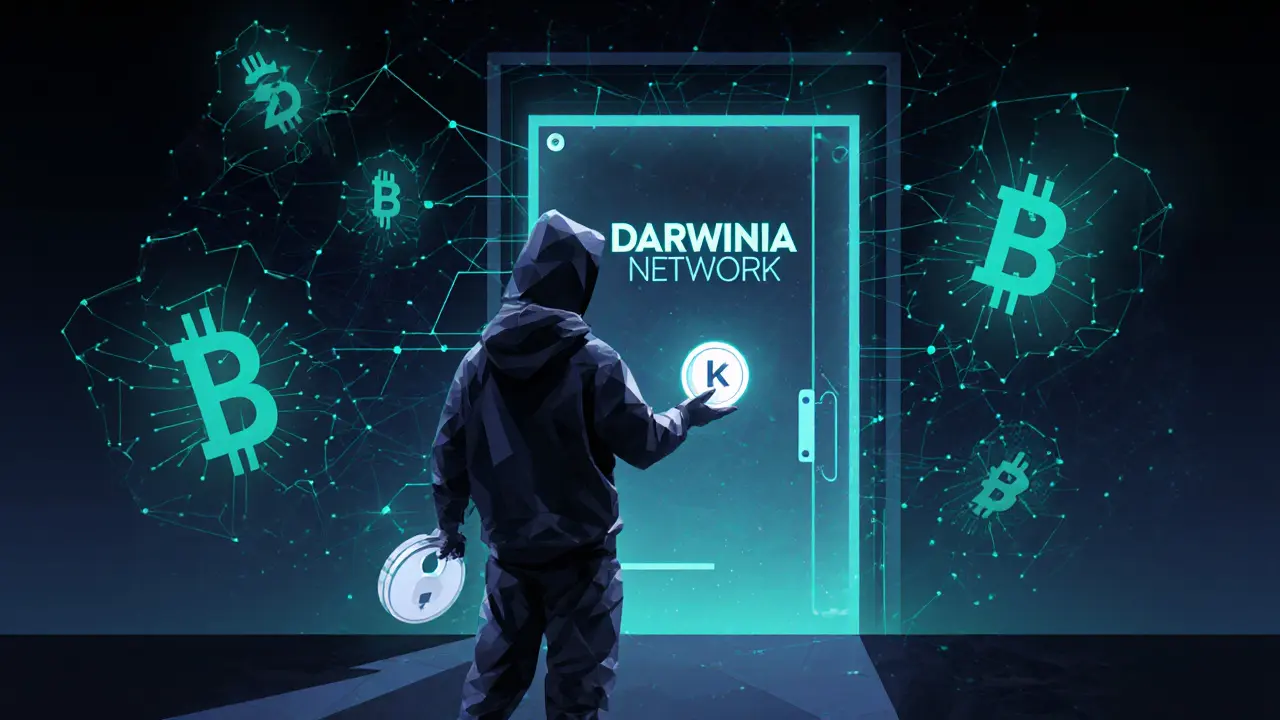 A figure receives a KTON key as fragmented blockchains merge into a unified lattice behind them.