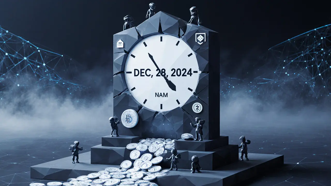 Broken clock monument marking end of Namada NAM airdrop deadline.