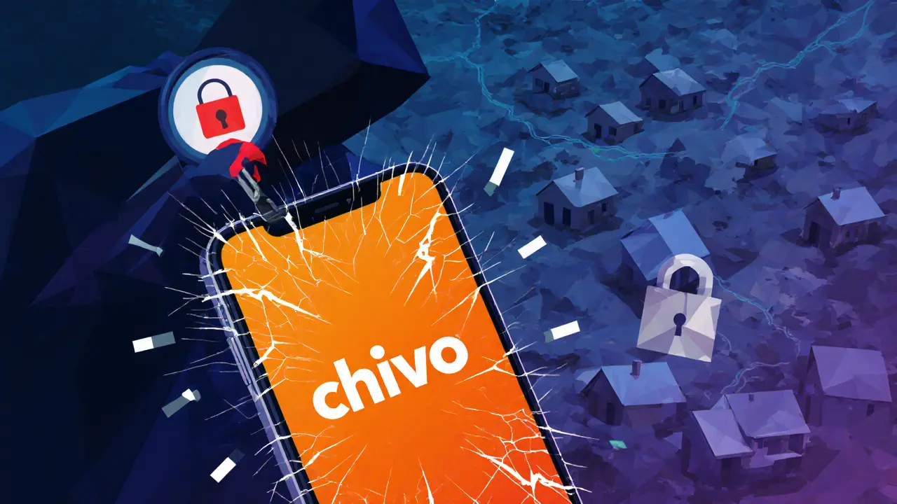 Close‑up of a phone showing the Chivo app with glitch effects, over a map of rural villages and a hacker icon.