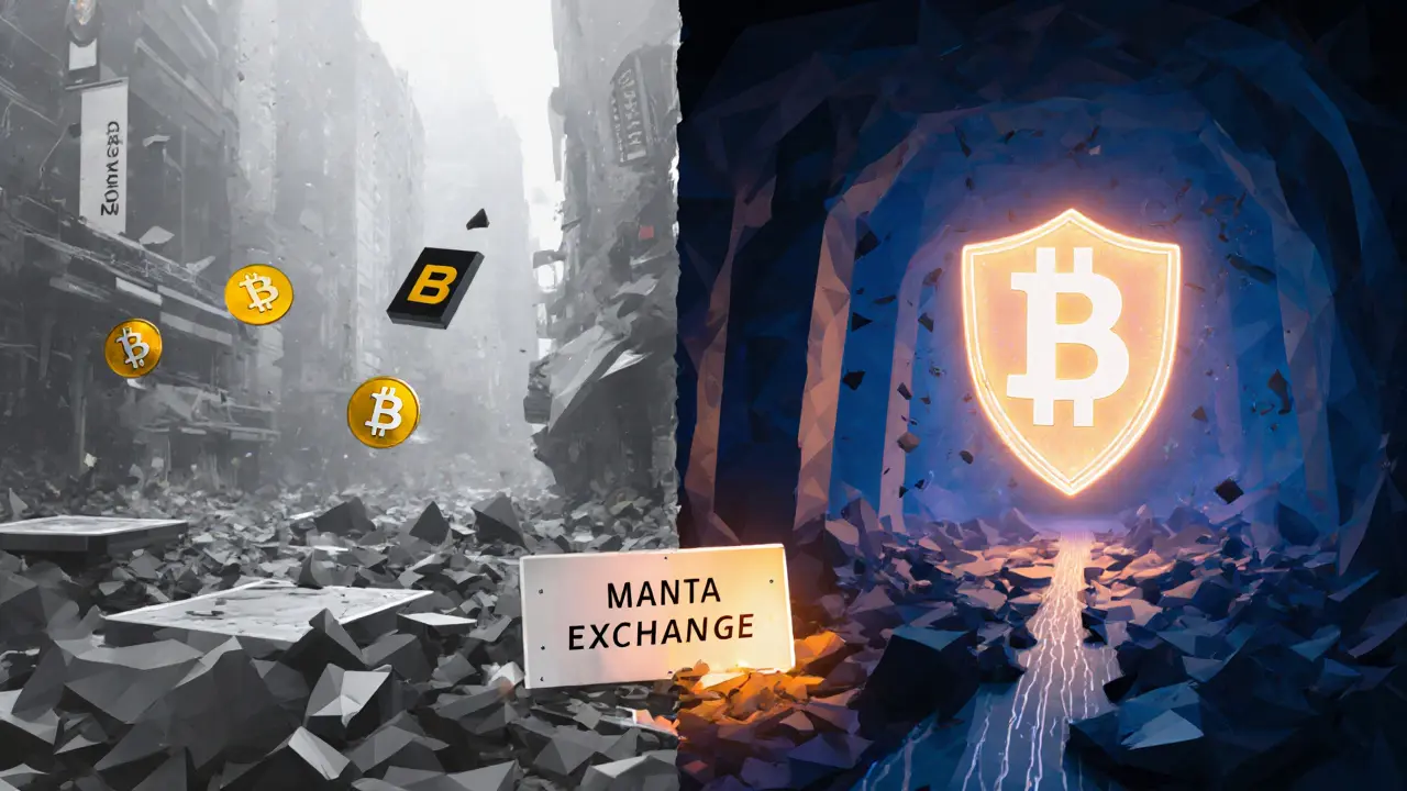 Contrast scene: chaotic crypto exchange market vs. serene Manta Network privacy shield protecting encrypted transactions.