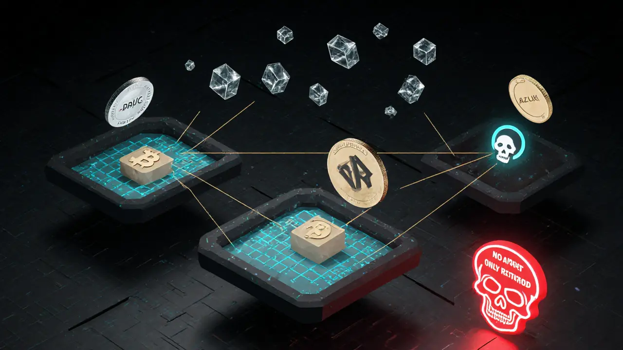 Floating NFTs connected to lending pools, with warning sign &#039;No Airdrop&#039;.