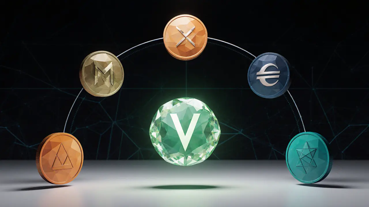 Floating VOW token surrounded by other crypto tokens in low‑poly style.