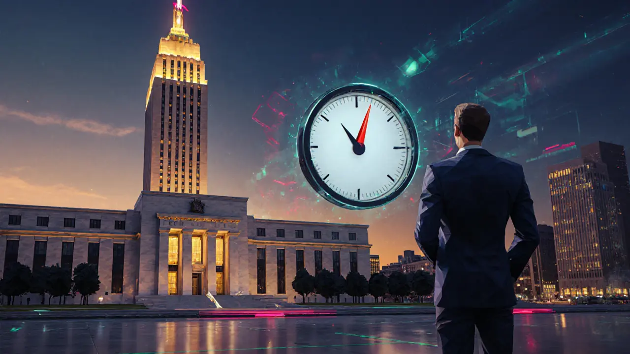 Futuristic city with Fed building and trader looking at a floating gauge indicating rate changes.