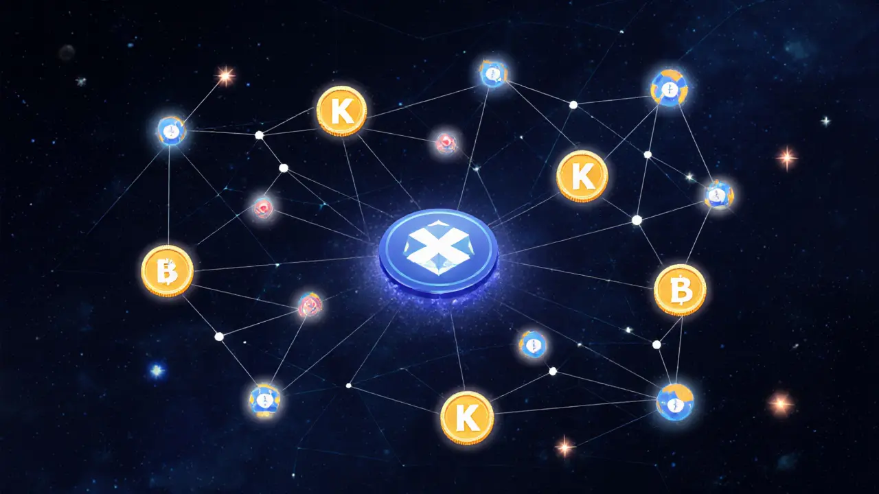 KTON tokens floating around a central blockchain hub with voting and staking icons connected by glowing lines.