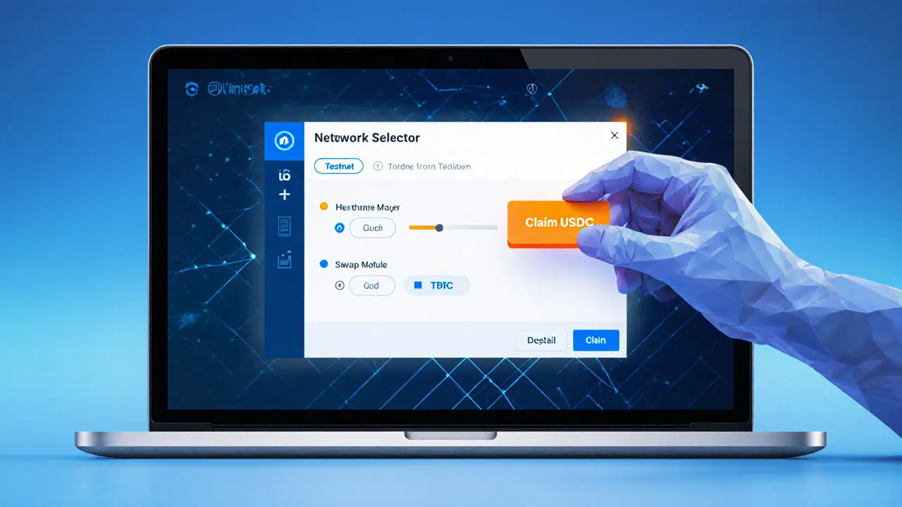 Laptop screen showing Unisat wallet testnet selection, USDC faucet, and USDC‑TBTC swap UI.