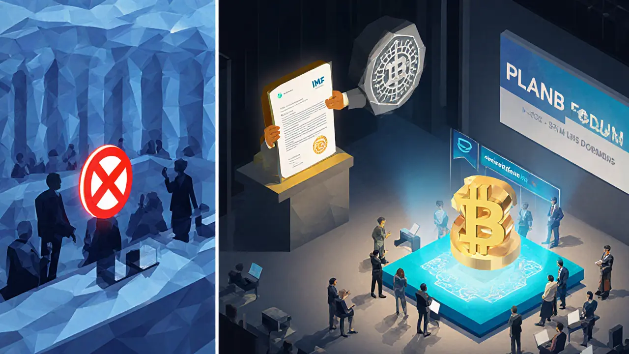 Legislative chamber voting to end Bitcoin as currency, IMF contract, and a crypto conference with holographic BTC.