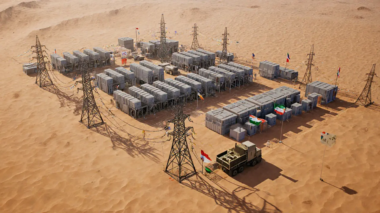 Low poly aerial scene of the Rafsanjan ASIC farm in a desert with power lines and military vehicles.