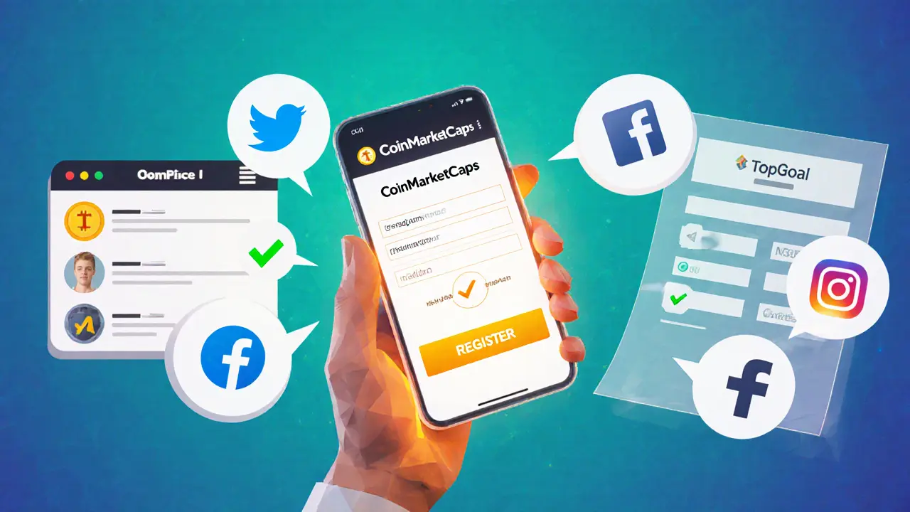 Low poly avatar using a phone to complete CoinMarketCap sign‑up and social media tasks with checkmarks.