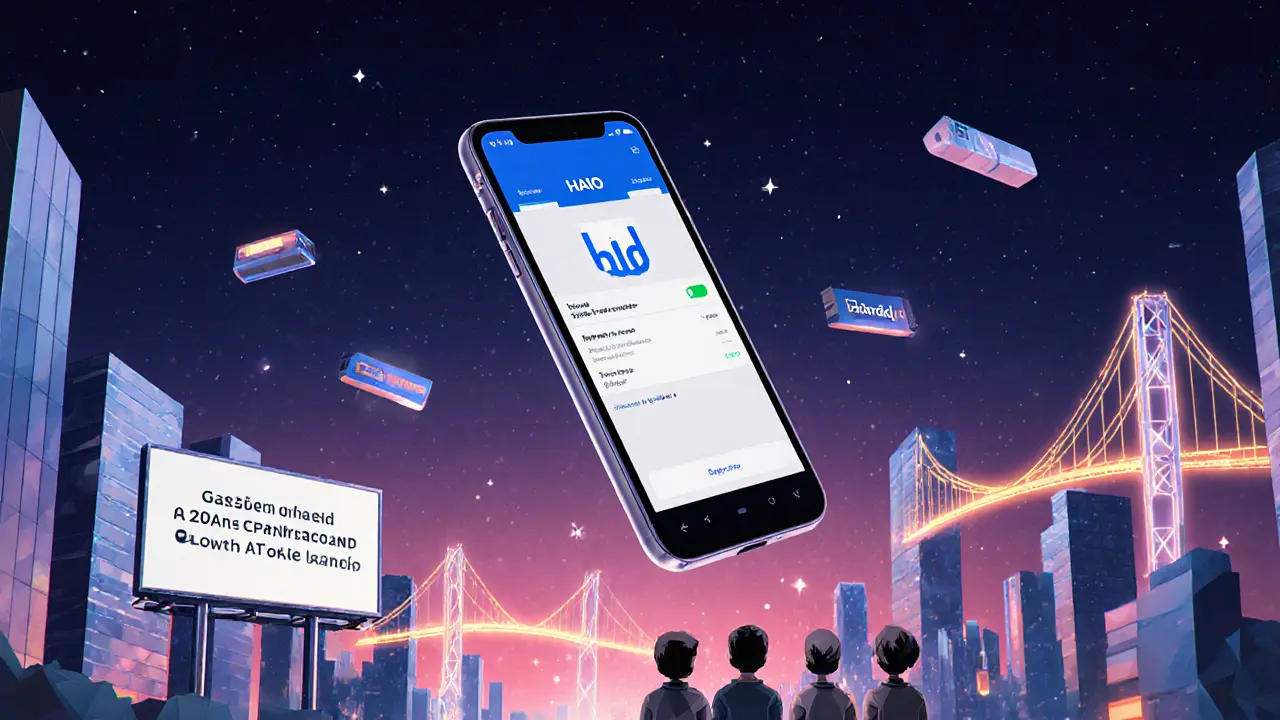 Low‑poly cityscape featuring a smartphone showing the HAiO app and neon partnership symbols.