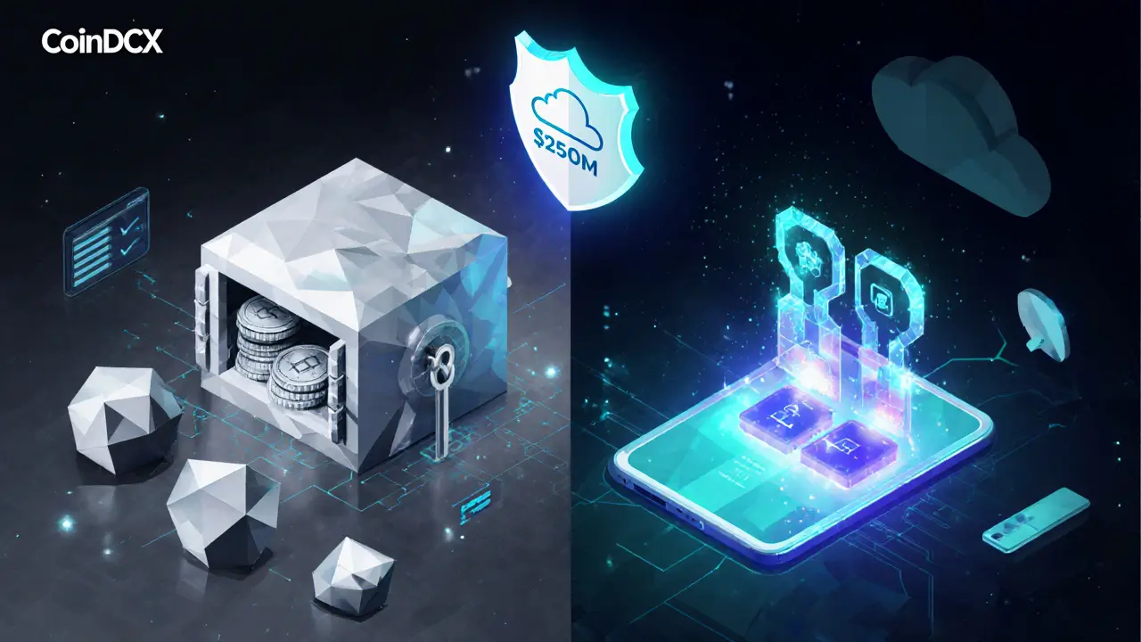 Low-poly cold wallet vault and MPC key shards glowing with security symbols.