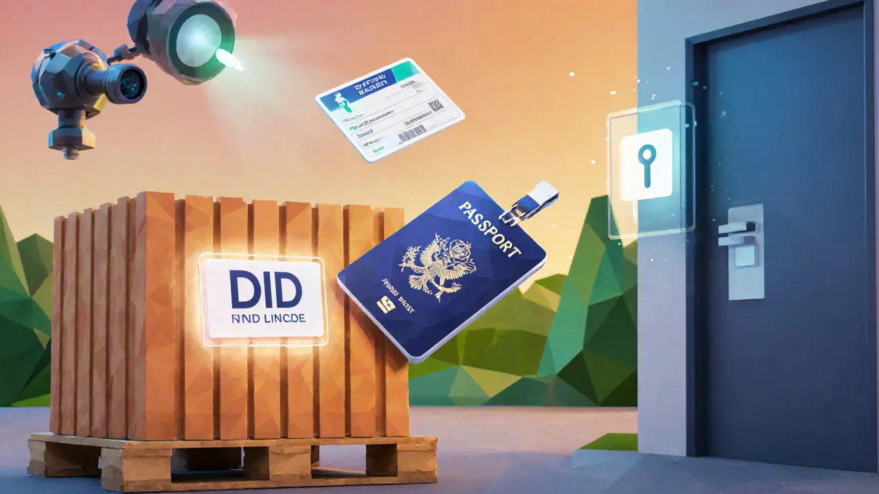 Low‑poly collage of supply‑chain crate, travel passport, corporate badge, and DeFi wallet with DIDs.