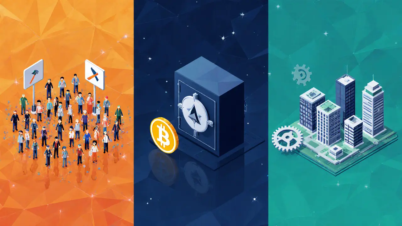 Low poly comparison of public, private, and consortium blockchains with consensus icons.