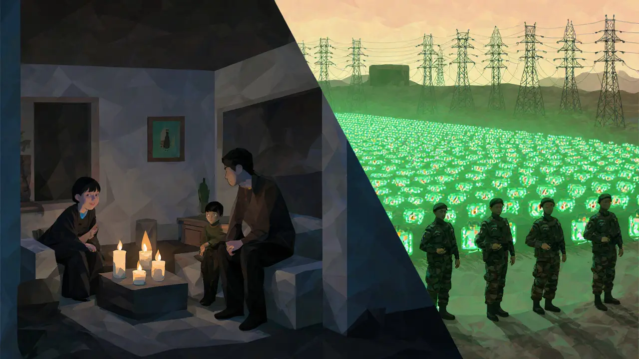 Low poly contrast of a dark Iranian home and a brightly lit mining farm showing electricity diversion.