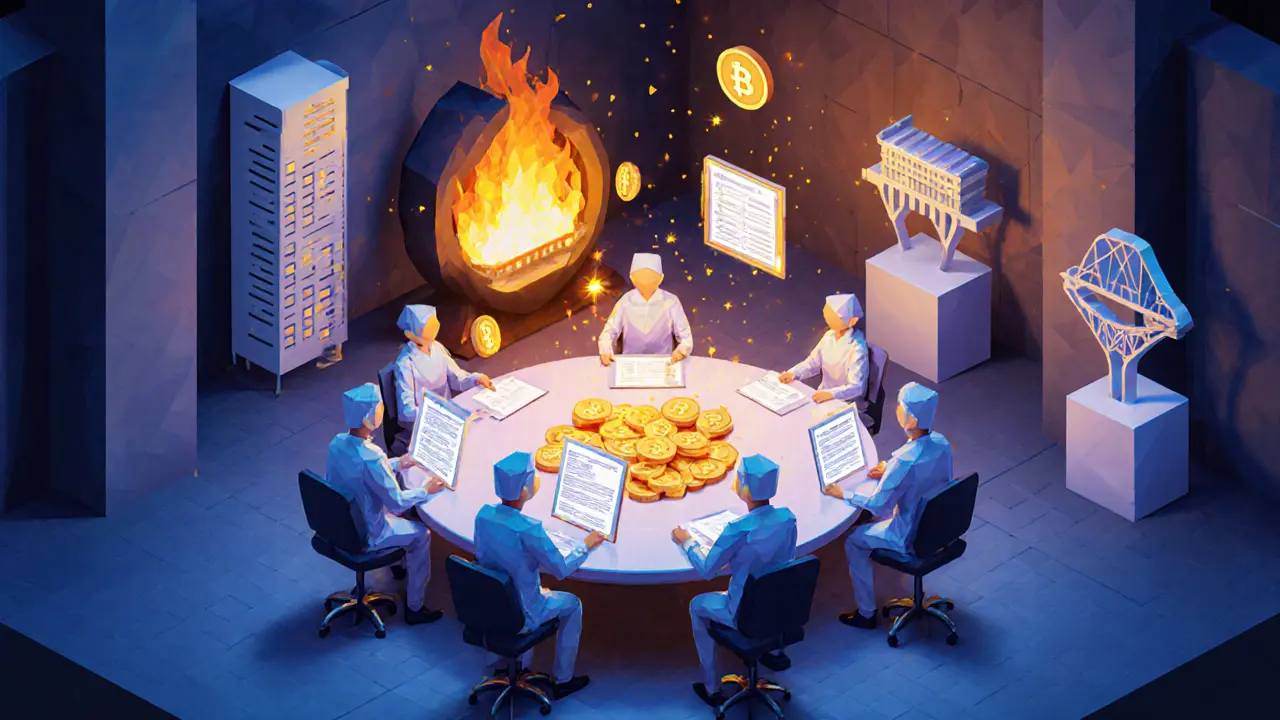 Low‑poly council scene with avatar voters, burning ACA tokens, and roadmap milestone icons.