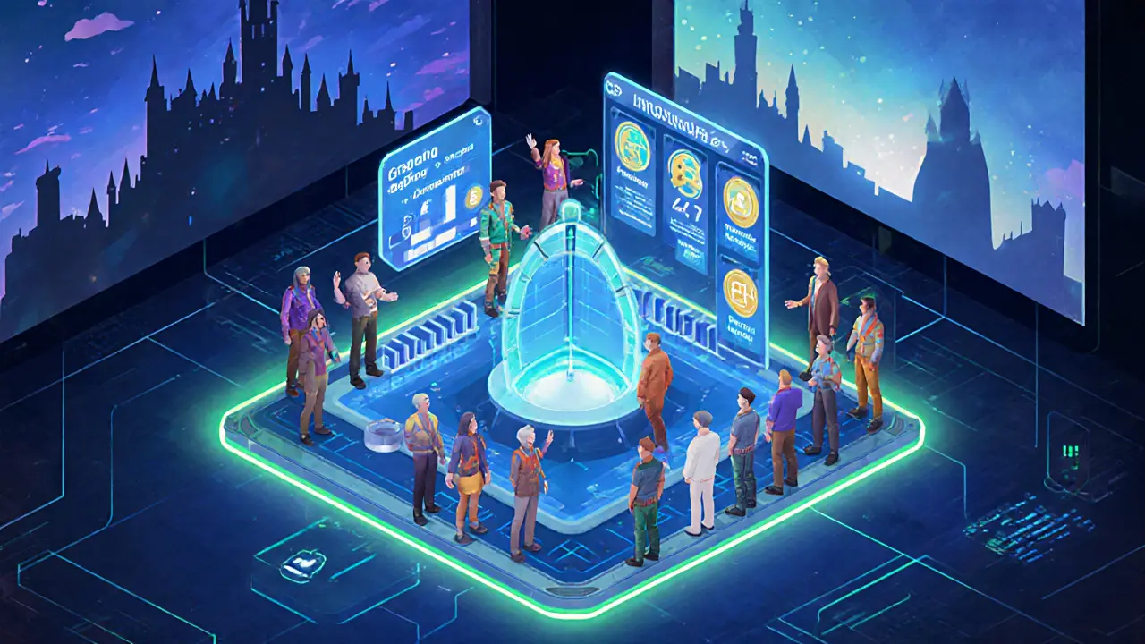 Low‑poly DAO hub with players voting, staking $MCRT, and a portal hinting at future cross‑chain bridges.