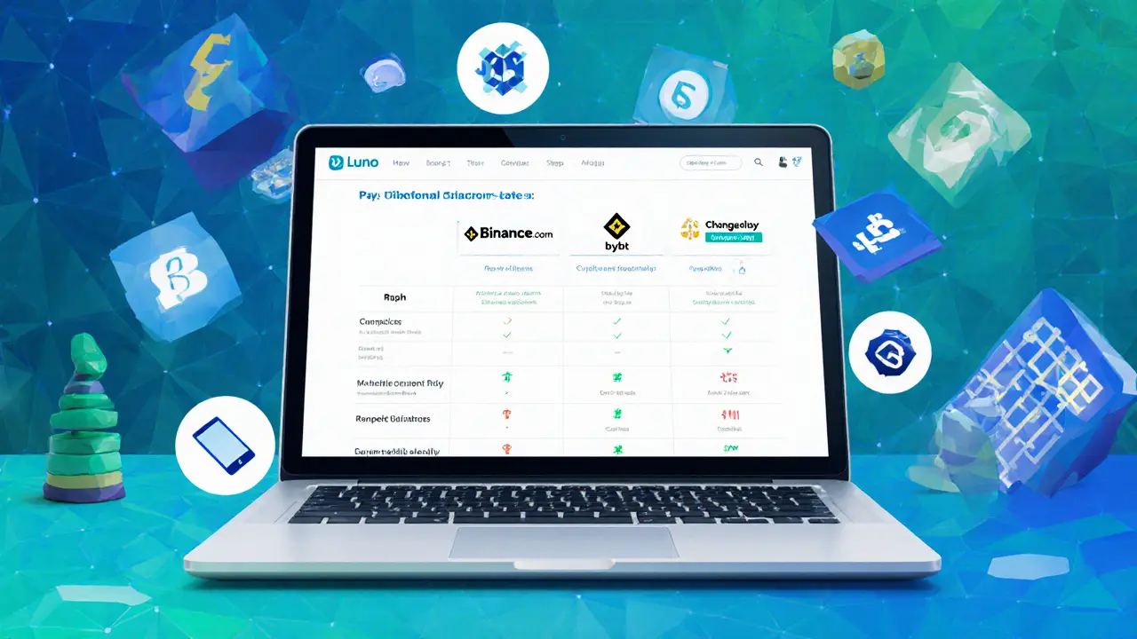 Low‑poly desk with laptop displaying crypto platform comparison and payment method icons.