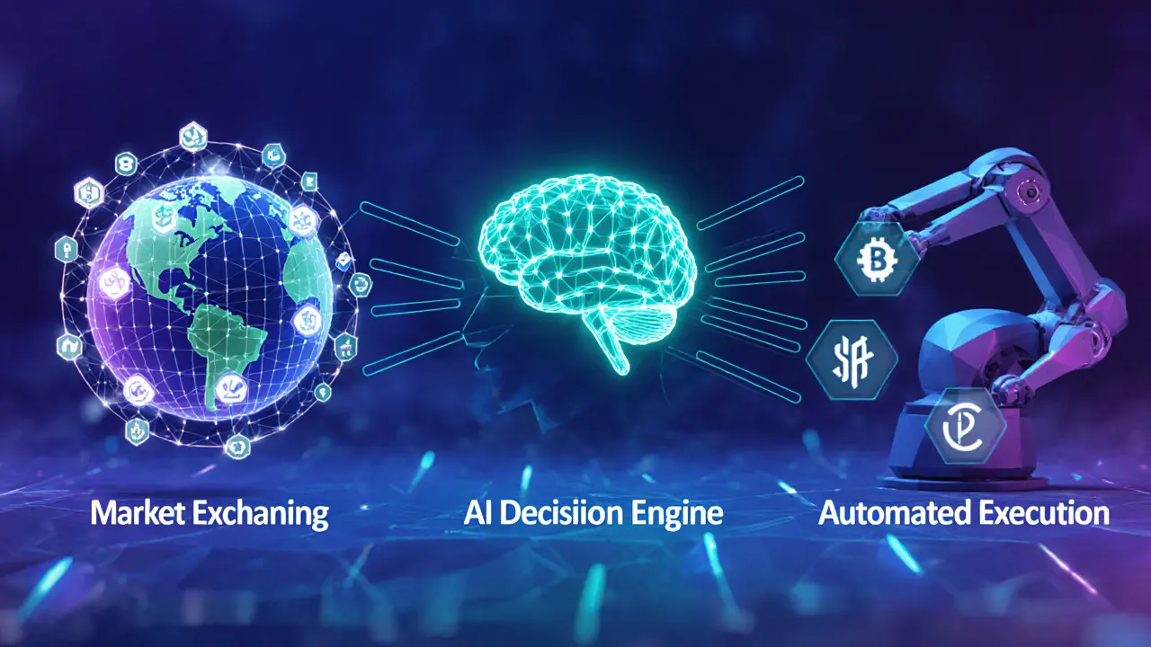Low‑poly diagram of market scanning, AI brain, and automated trade bots with blurred data.