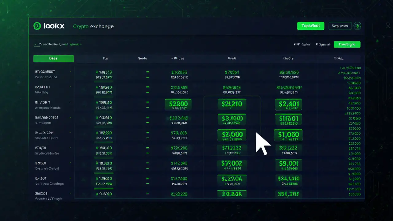 Low‑poly exchange table showing top crypto pairs with price column and tooltip.