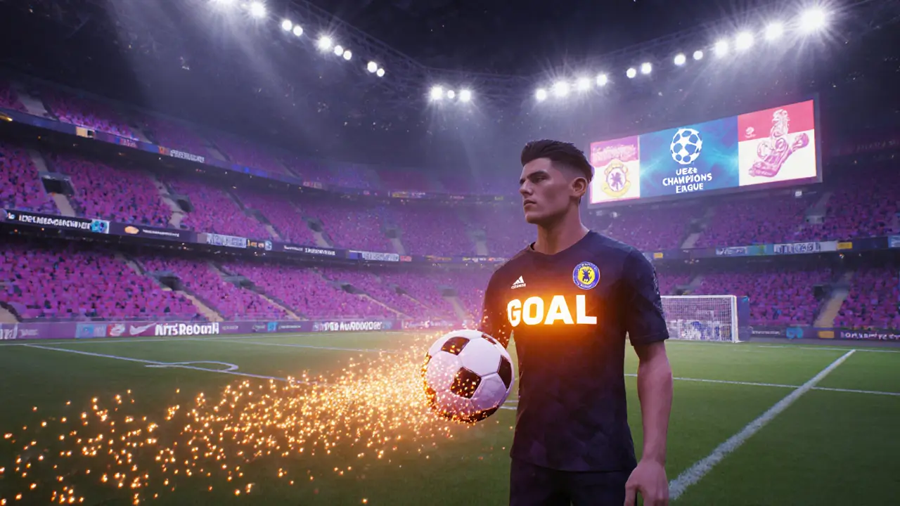 Low poly football arena with avatar wearing a GOAL NFT badge, holding a neon‑trailing ball.