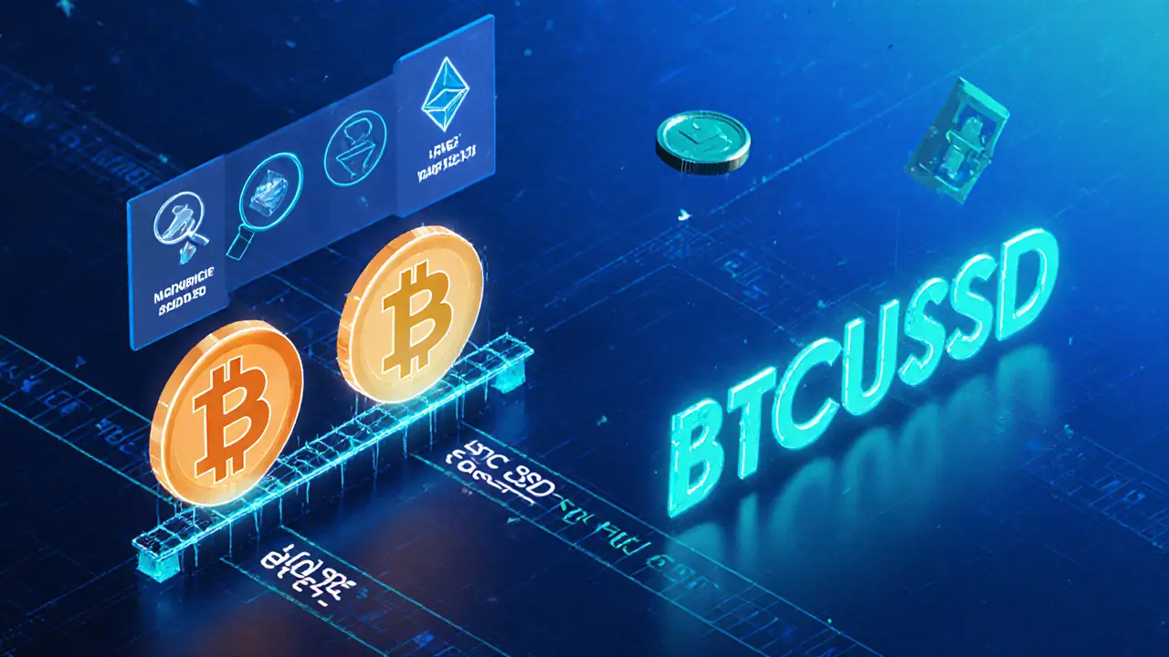 Low‑poly futuristic view of cross‑chain pair BTC.BTC/ETH.USDC and futures ticker with checklist icons.
