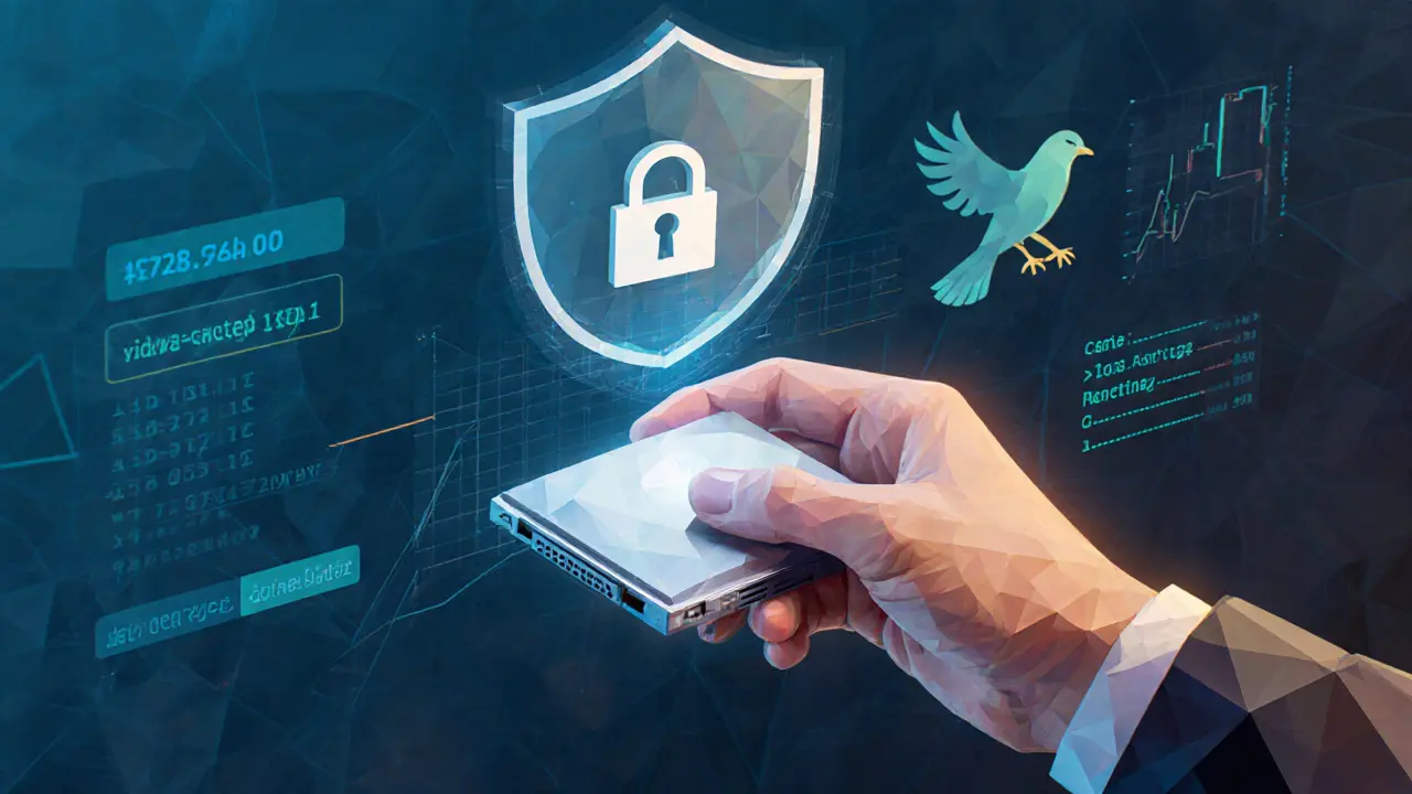 Low‑poly hand holding a hardware wallet with a shield and blockchain symbols.