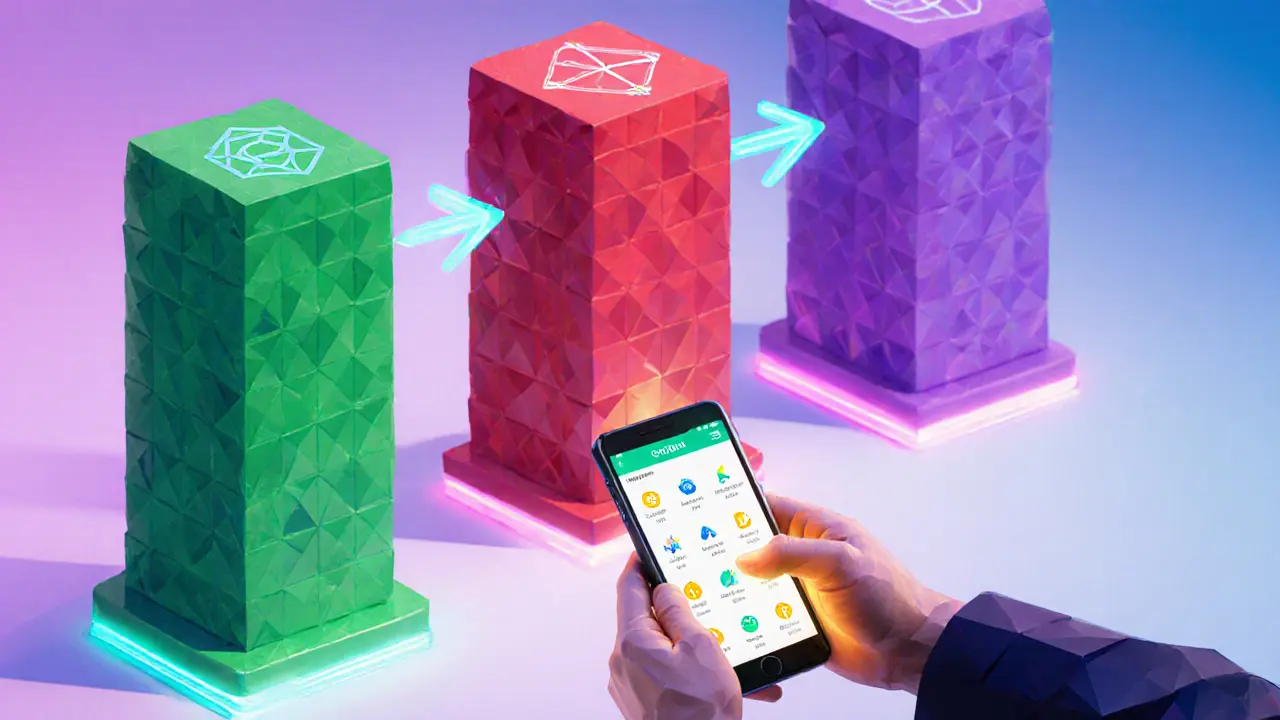 Low poly illustration of three blockchain pillars with a user holding a phone showing the STUFF app and token bridges.