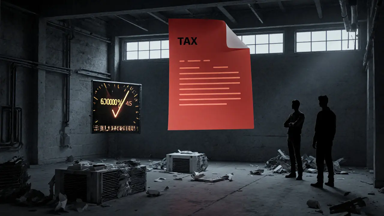 Low poly industrial hall with broken rigs and a red tax document showing a tax spike.