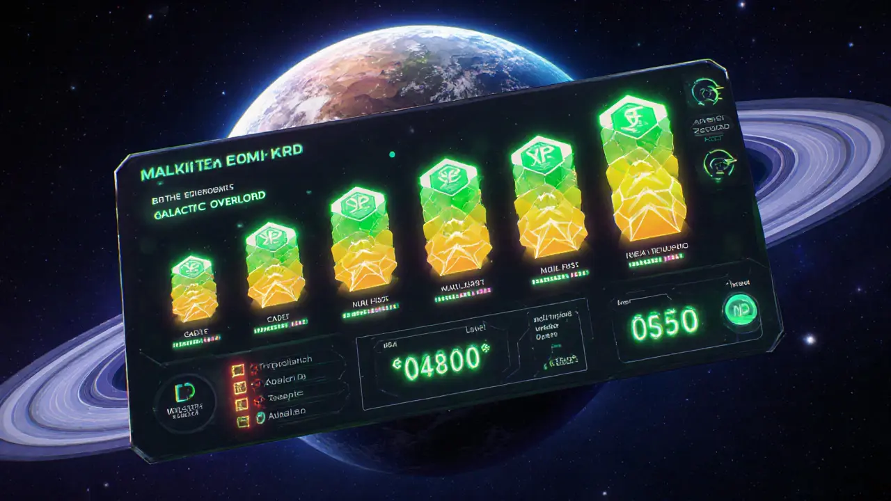 Low‑poly leaderboard with rank icons, XP bars, and multiplier numbers against a space backdrop.