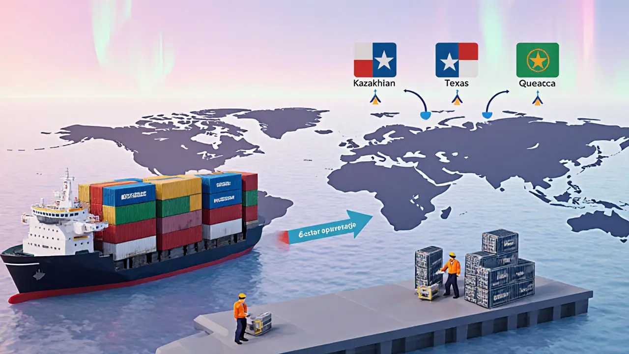Low poly map with freight containers moving from Sweden to Kazakhstan, Texas, and Quebec.