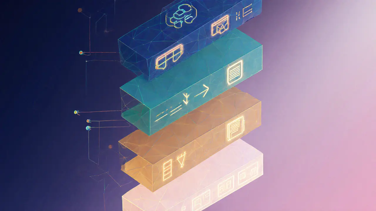 Low‑poly OSI‑style stack showing DID layers from network to application.