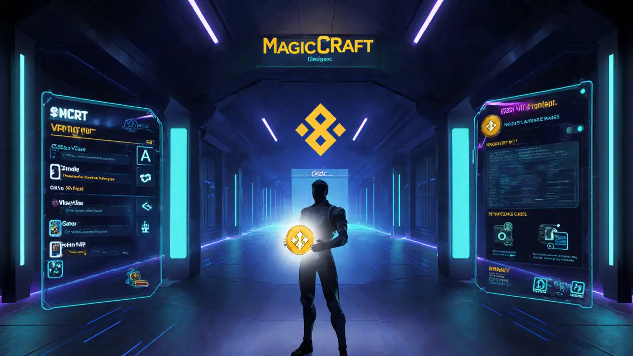 Low‑poly player in a neon Web3 lobby holding a glowing Genesis NFT, with DAO and marketplace icons.