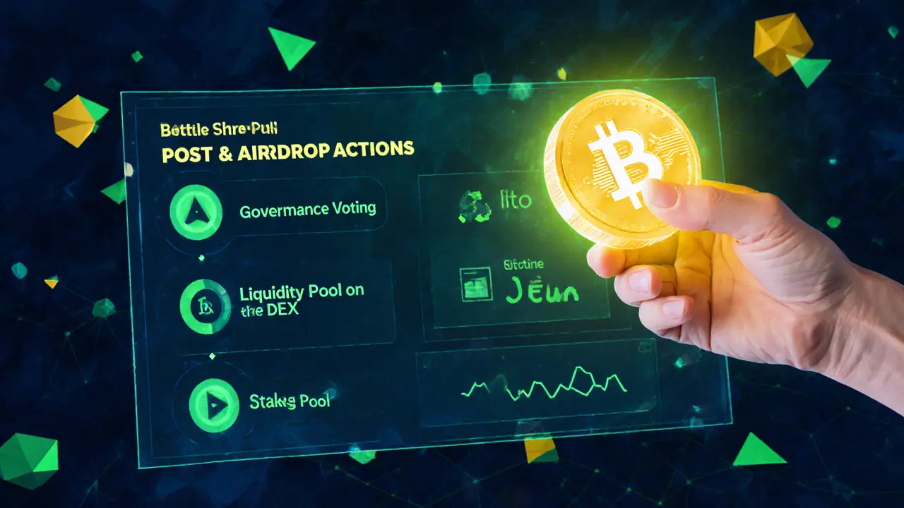 Low poly scene of a hand holding SHO token with options for voting, liquidity, and staking.
