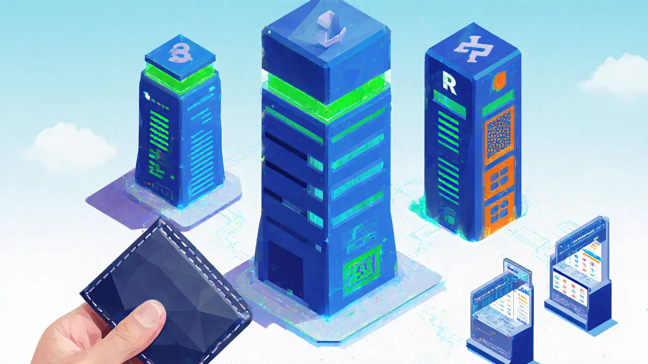 Low‑poly scene of a user with hardware wallet near secure exchange towers and AI tools.