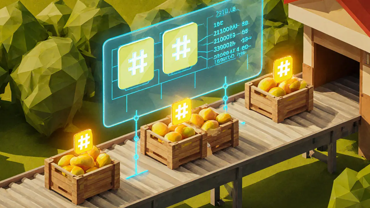 Low poly scene of mango supply chain tracked on a blockchain ledger.