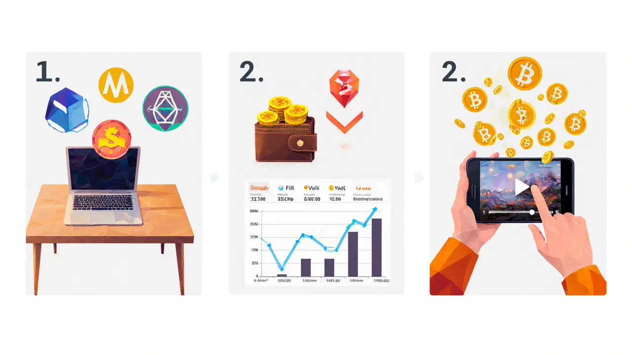Low poly scene of three onboarding steps: wallet selection, token purchase, and media consumption rewarding STUFF tokens.
