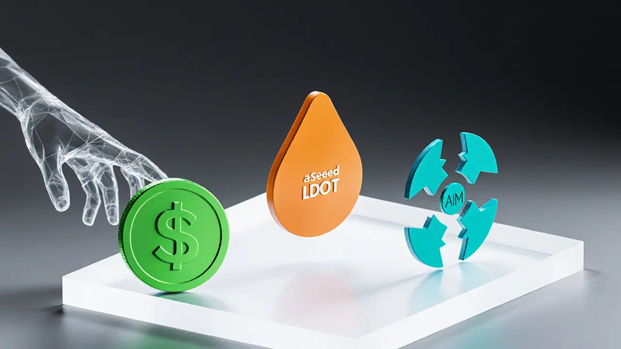 Low‑poly table displaying aSEED coin, LDOT droplet, and AMM DEX arrows with a hand reaching out.