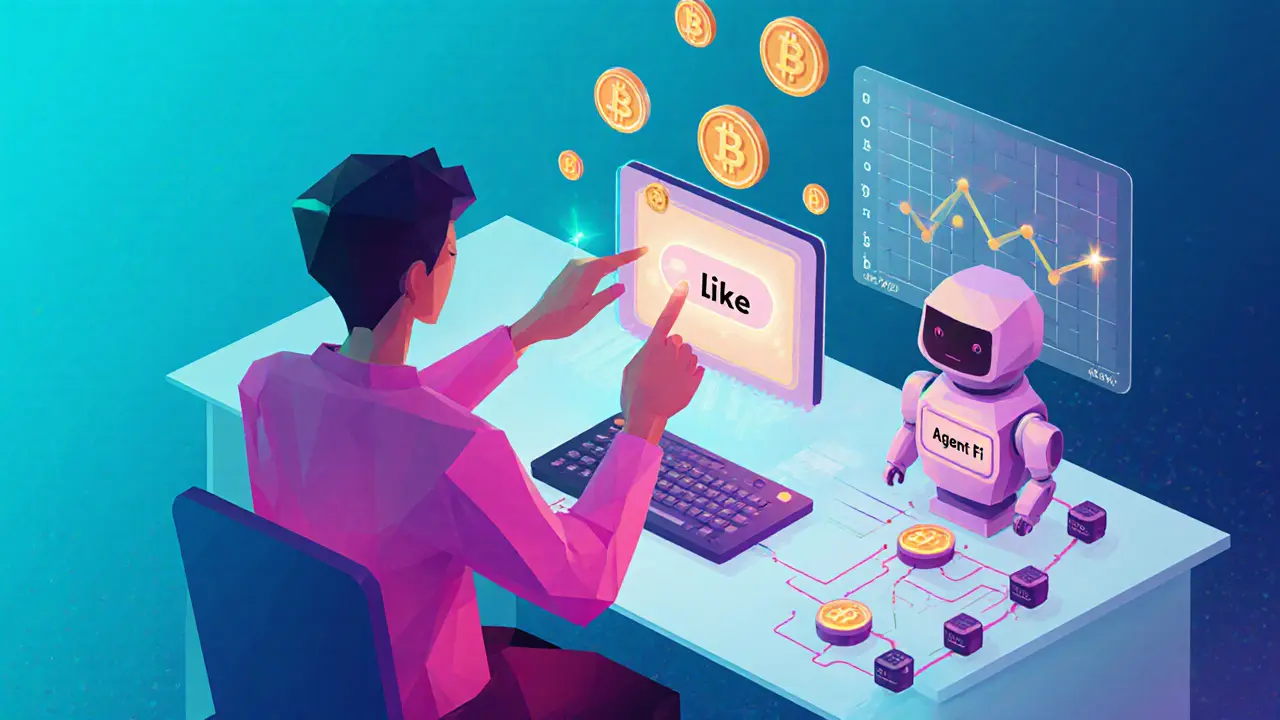 Low‑poly user rating a track, earning HAIO tokens, with an AI agent and staking nodes nearby.