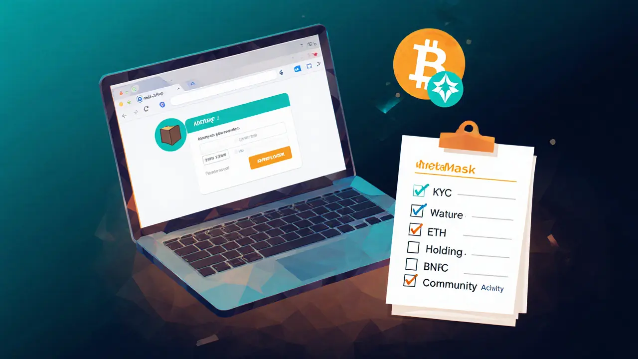 Low poly view of a laptop with MetaMask, KYC checklist, and wallet icons.