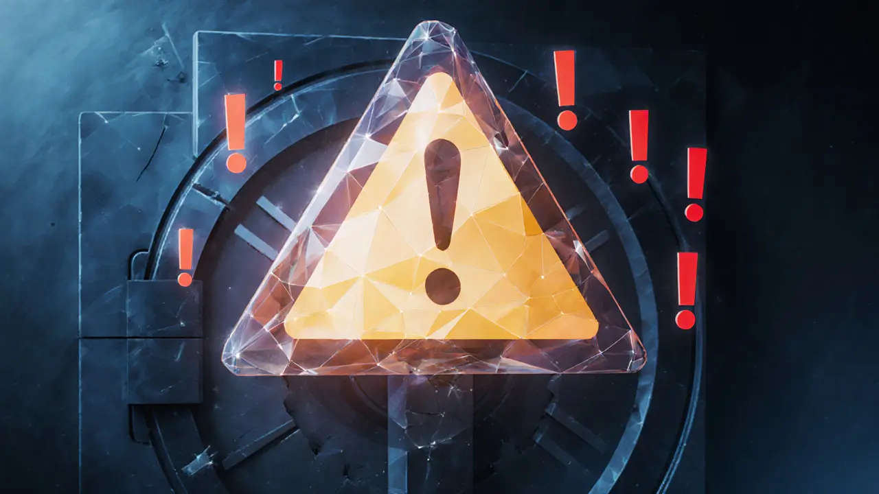 Low‑poly warning triangle hovering over a cracked vault door, signaling risk.
