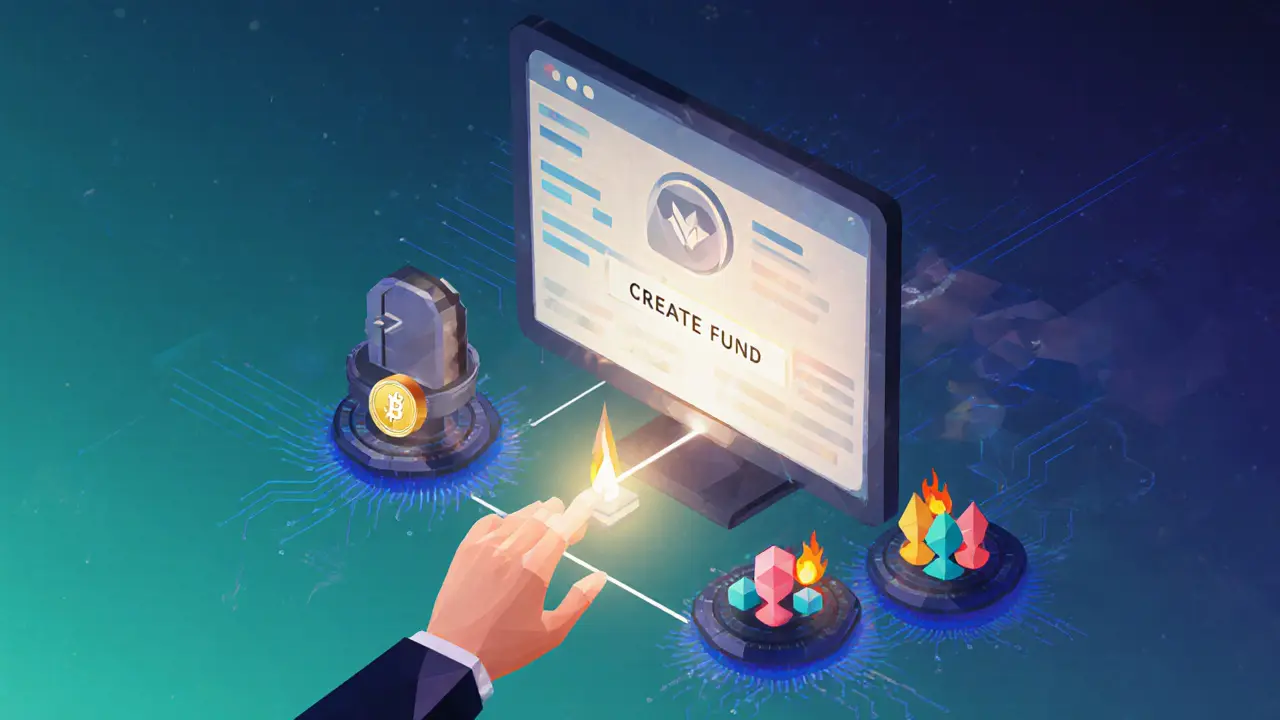 Low poly workflow from wallet to vault showing fund creation and MLN burn.