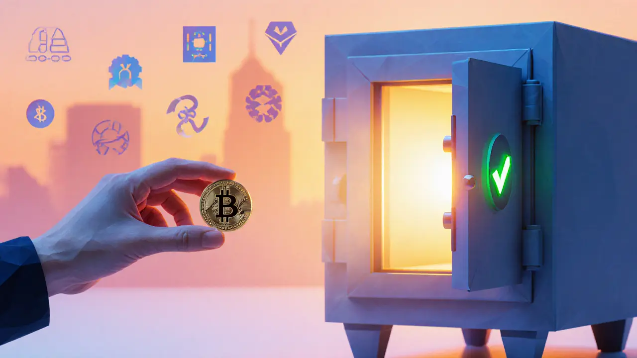 Person holding a crypto coin reaching toward an open vault with a green checkmark.