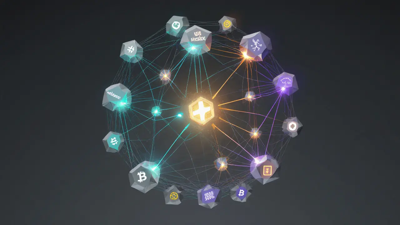 15 polyhedral oracle nodes in a sphere, 10 glowing in consensus to trigger a smart contract payout.
