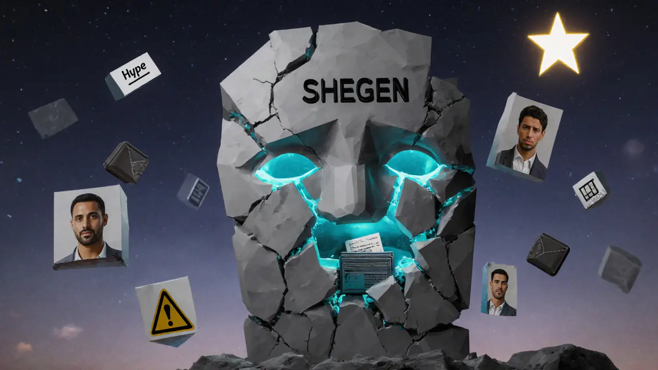 A crumbling monument shaped like a crying AI face, with fading memes and warning symbols, symbolizing the decline of the SHEGEN meme.