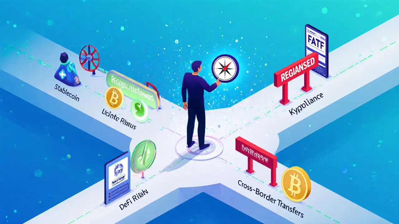 A figure at a regulatory crossroads, choosing a compliant path among crypto risk symbols.