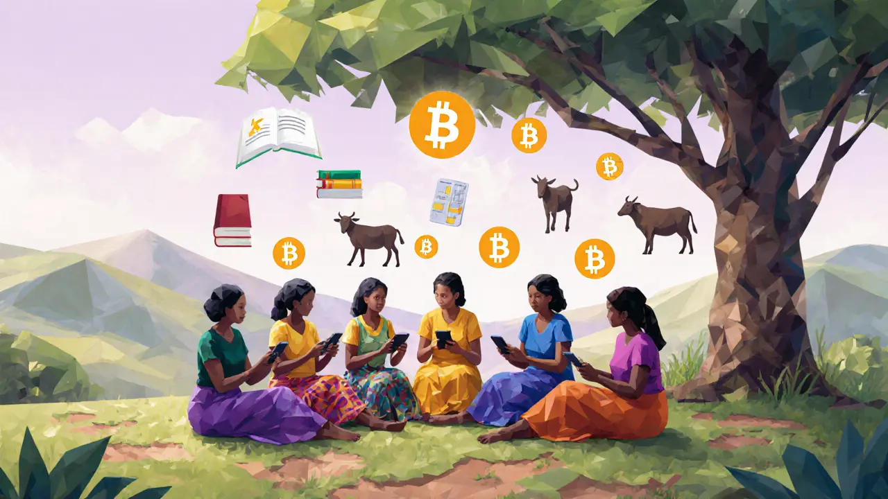 A group of women in Uganda pooling money to buy Bitcoin together under a tree.