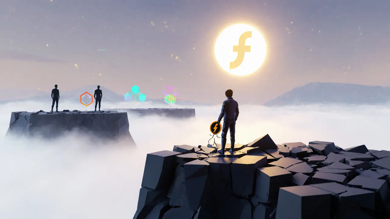 A lone keeper figure on a cliff watching Flashbots glow in the distance as other protocols fade.