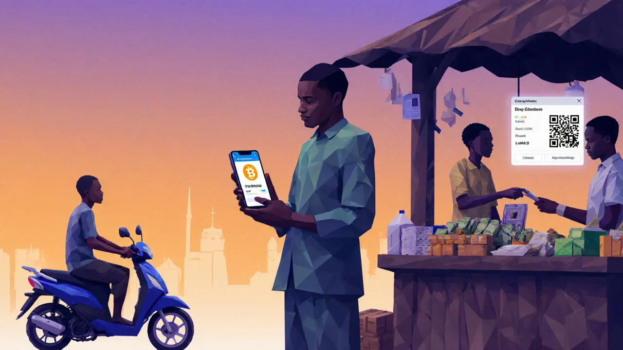 A Nigerian market vendor accepting crypto payments with QR codes from customers.