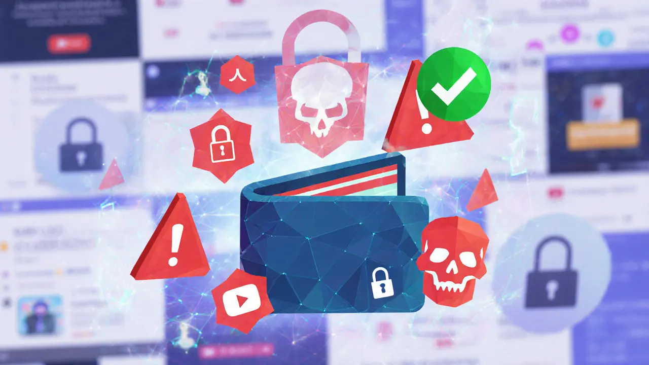 A polygonal wallet with red warning symbols and one green checkmark, surrounded by fake crypto scam interfaces.