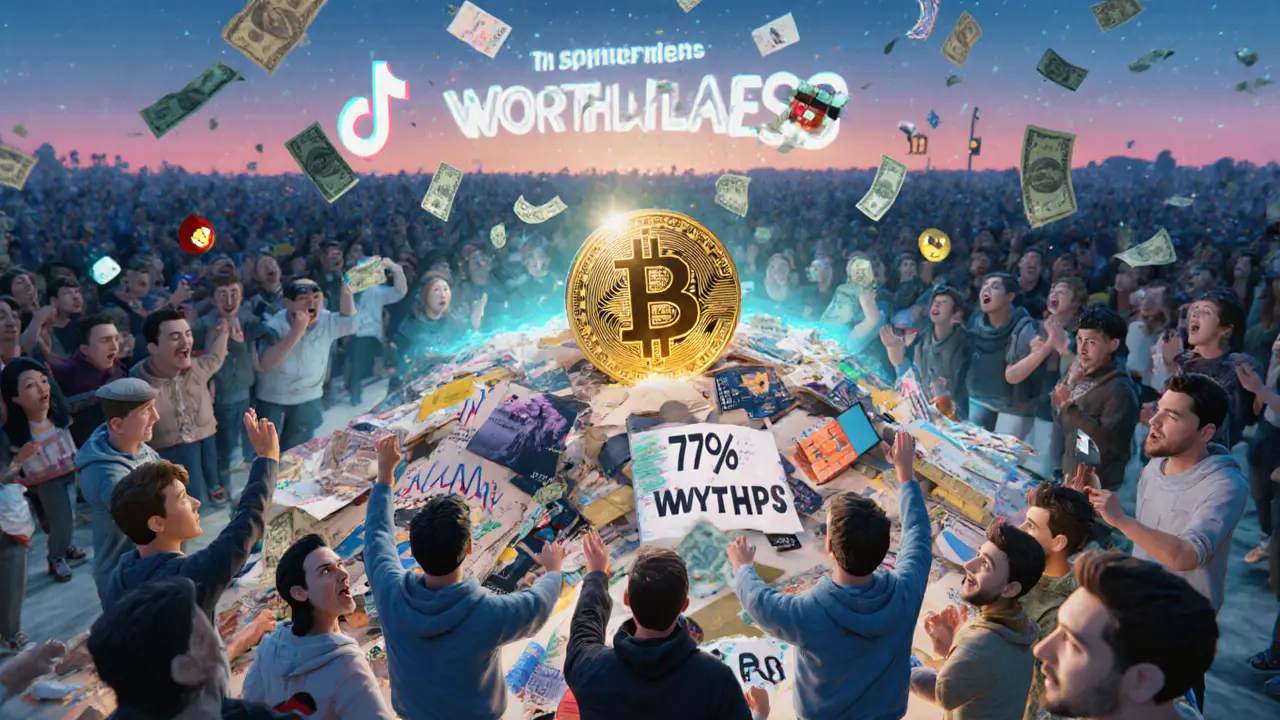 A tiny RFC coin on a mountain of memes and charts under a sky that reads &#039;Just for Laughs&#039;.